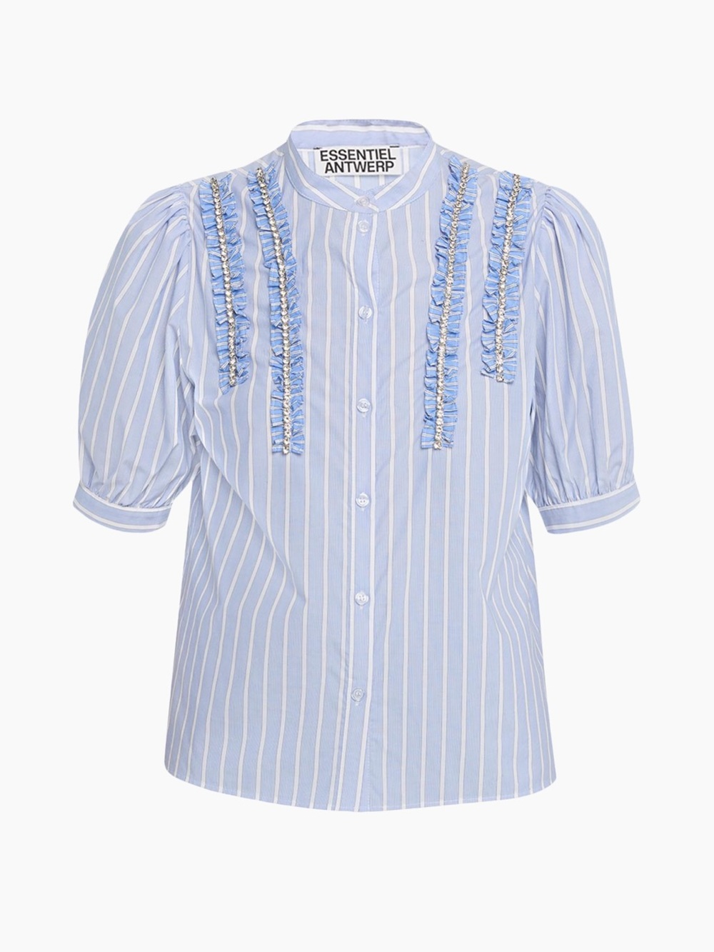 Essentiel Antwerp Pinstriped Blue & White Ruffle Button-Up Blouse